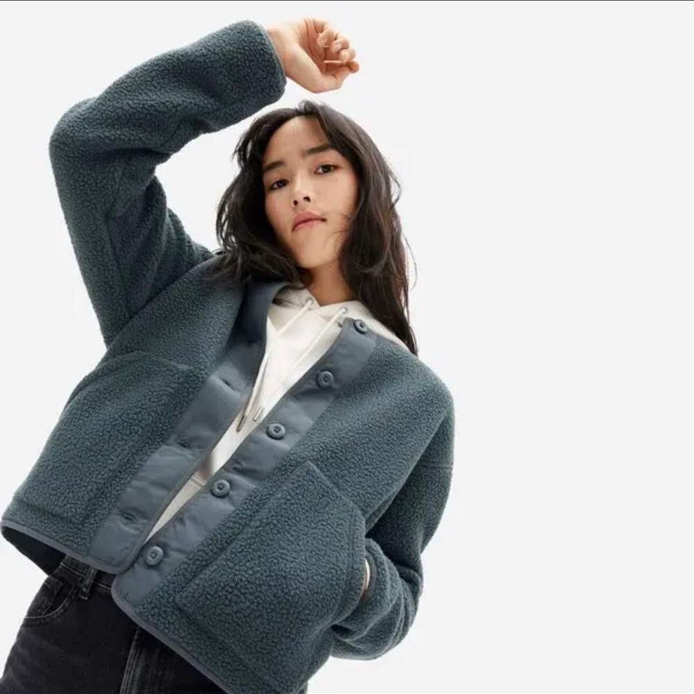 Women’s Everlane ReNew Teddy Liner Fleece Jacket Pewter Green Size Small